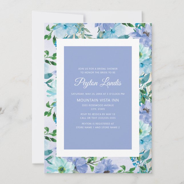 Invitación Flores azules turbias dudosas duchas de novias (Anverso)
