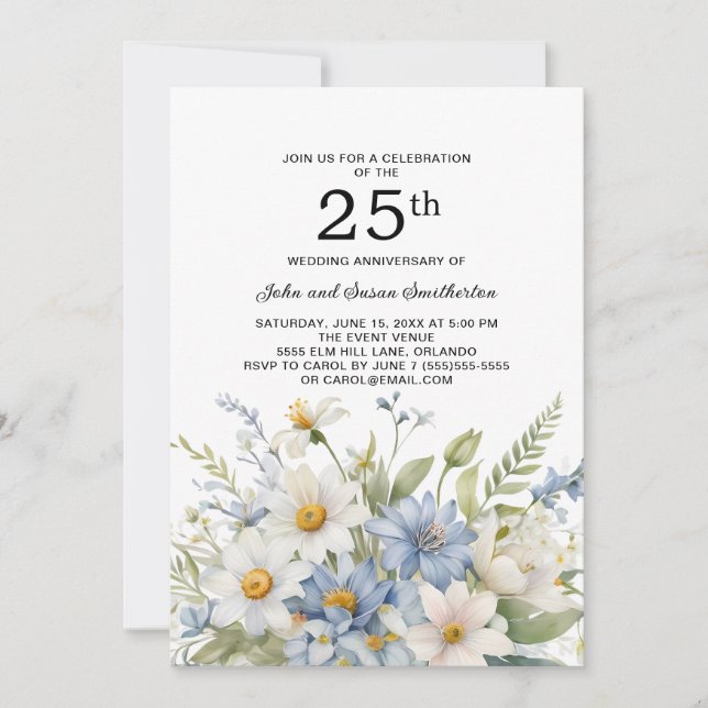 Invitación Flores azules turbias mareas blancas 25 años (Anverso)