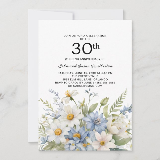 Invitación Flores azules turbias mareas blancas 30 años (Anverso)