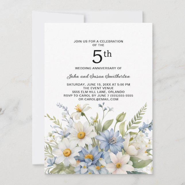 Invitación Flores azules turbias mareas blancas 5° aniversari (Anverso)