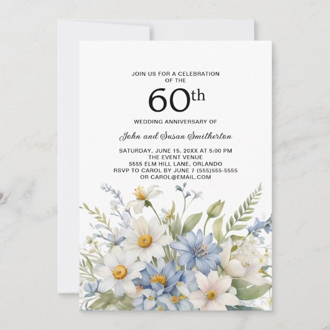 Invitación Flores azules turbias mareas blancas 60 años (Anverso)