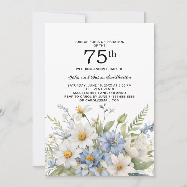 Invitación Flores azules turbias mareas blancas 75 años (Anverso)