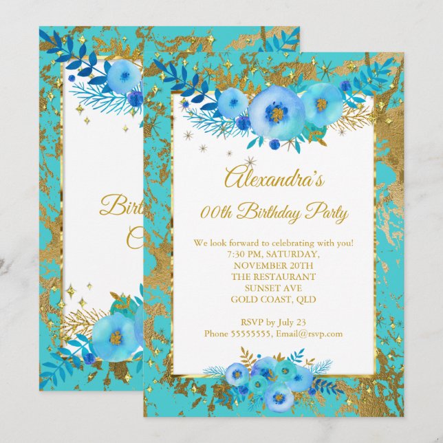 Invitación Flores Azules Turquesa Cumpleaños Fiesta Dorada (Anverso / Reverso)