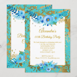 Invitación Flores Azules Turquesa Cumpleaños Fiesta Dorada