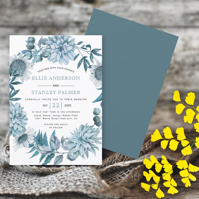 Invitación flores azules verde azuladas y hojas de la corona  (Subido por el creador)