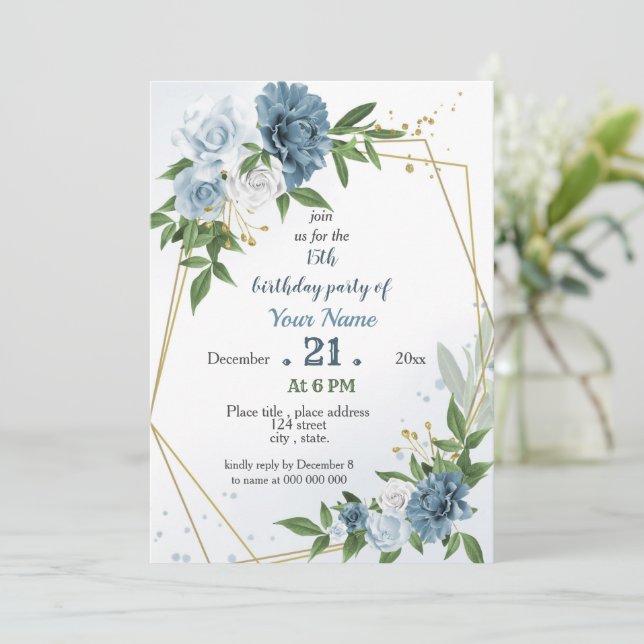 Invitación flores azules verde cumpleaños geométrico (Anverso de pie)