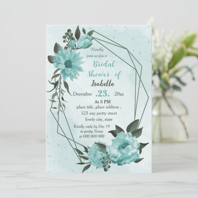 Invitación flores azules verde ducha botánica de novia (Anverso de pie)