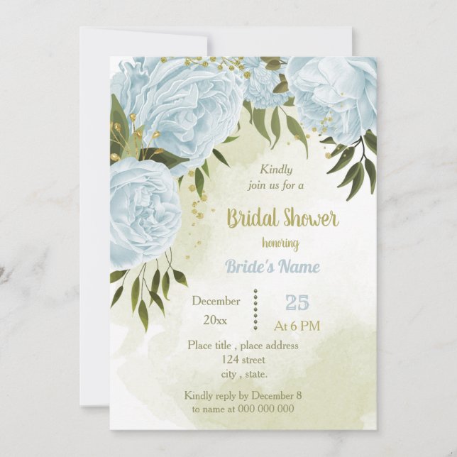 Invitación flores azules verde ducha de novia (Anverso)