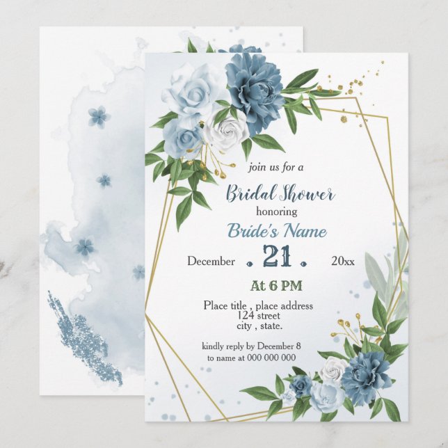 Invitación flores azules verde ducha geométrica de novia (Anverso / Reverso)