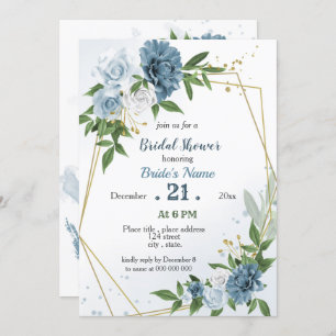 Invitación flores azules verde ducha geométrica de novia