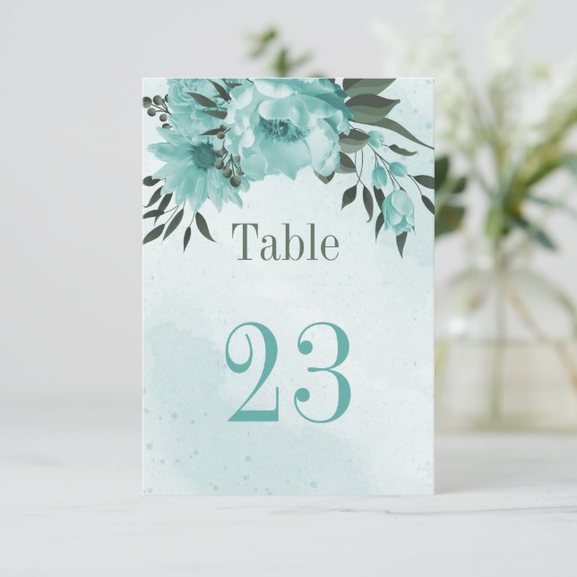Invitación flores azules verde número de tabla botánica (Anverso de pie)