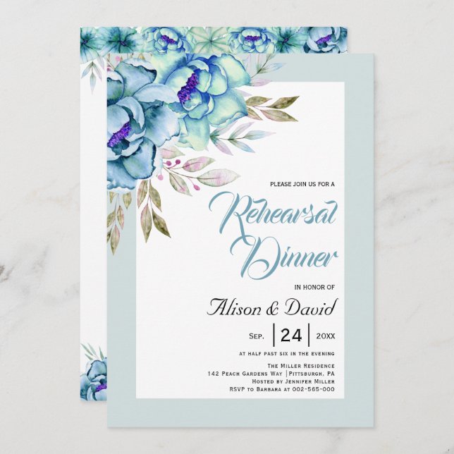 Invitación Flores azules, verdes de menta boda ensayo cena (Anverso / Reverso)