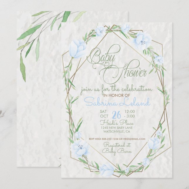 Invitación Flores azules Verdor Terrario Baby Shower (Anverso / Reverso)