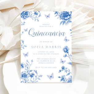 Invitación Flores azules vintage encantadas Quinceanera Fiest