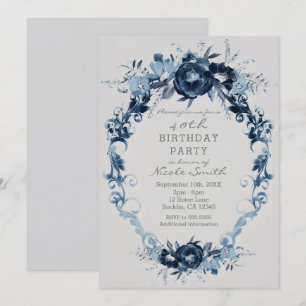Invitación Flores Azules Vintage Fiesta de Cumpleaños Floral 