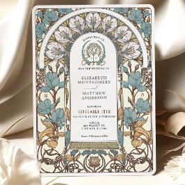 Invitación Flores azules y acentos dorados Boda Art Nouveau
