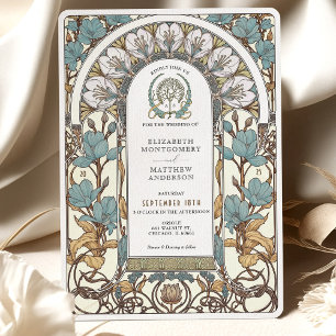 Invitación Flores azules y acentos dorados Boda Art Nouveau