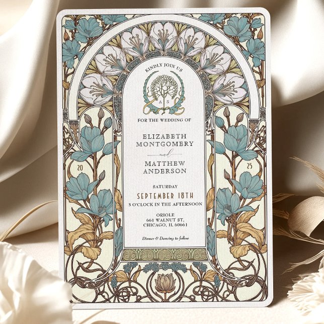 Invitación Flores azules y acentos dorados Boda Art Nouveau (Subido por el creador)