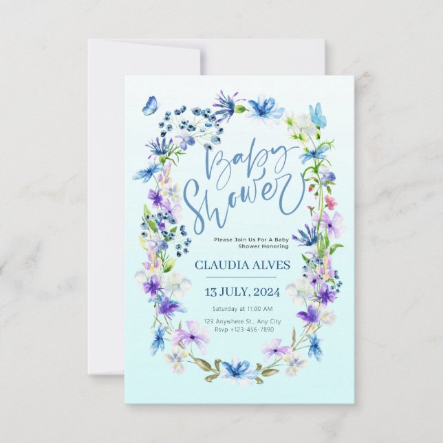Invitación flores azules y agua de mariposa (Anverso)