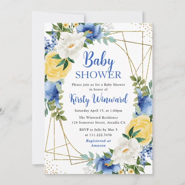 Invitación Flores Azules y Amarillas Baño de Bebé Marco Dorad (Anverso)