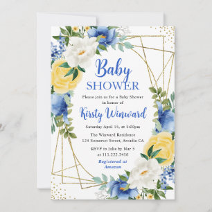 Invitación Flores Azules y Amarillas Baño de Bebé Marco Dorad