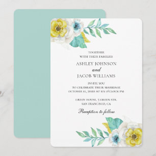 Invitación Flores azules y amarillas. Boda botánica de menta