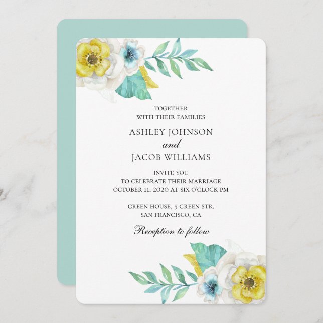 Invitación Flores azules y amarillas. Boda botánico (Anverso / Reverso)