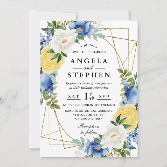 Invitación Flores Azules y Amarillas Boda con Marco de Oro (Anverso)