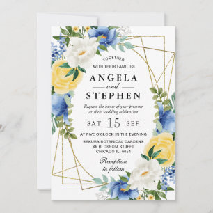 Invitación Flores Azules y Amarillas Boda con Marco de Oro