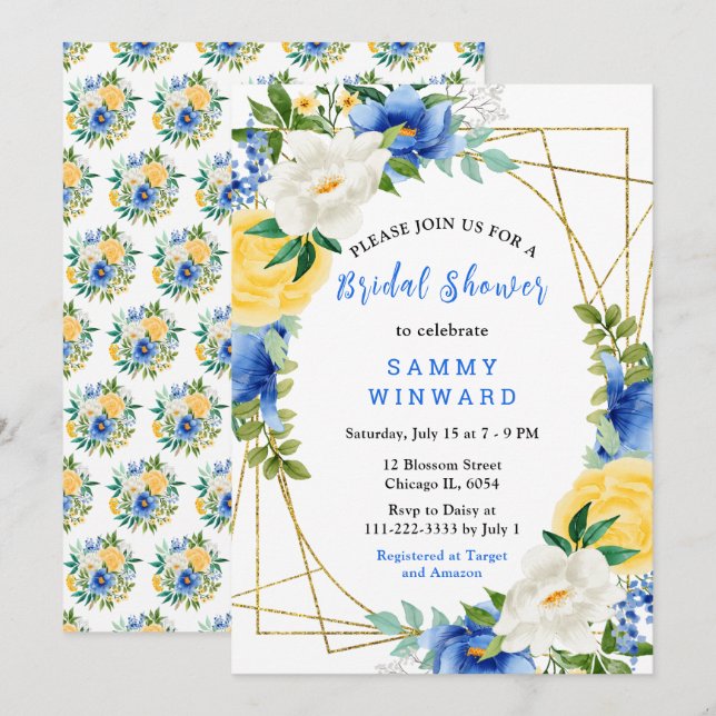 Invitación Flores Azules y Amarillas con Regadera de Despedid (Anverso / Reverso)