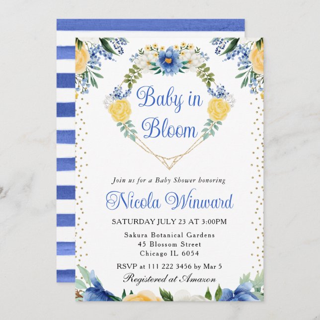 Invitación Flores azules y amarillas Corazón Wreath Baby Show (Anverso / Reverso)