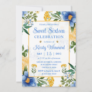 Invitación Flores azules y amarillas de acuarela Sweet Sixtee