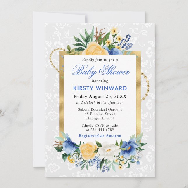 Invitación Flores Azules y Amarillas de Verano Baño de Bebé D (Anverso)