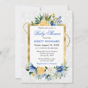 Invitación Flores Azules y Amarillas de Verano Baño de Bebé D