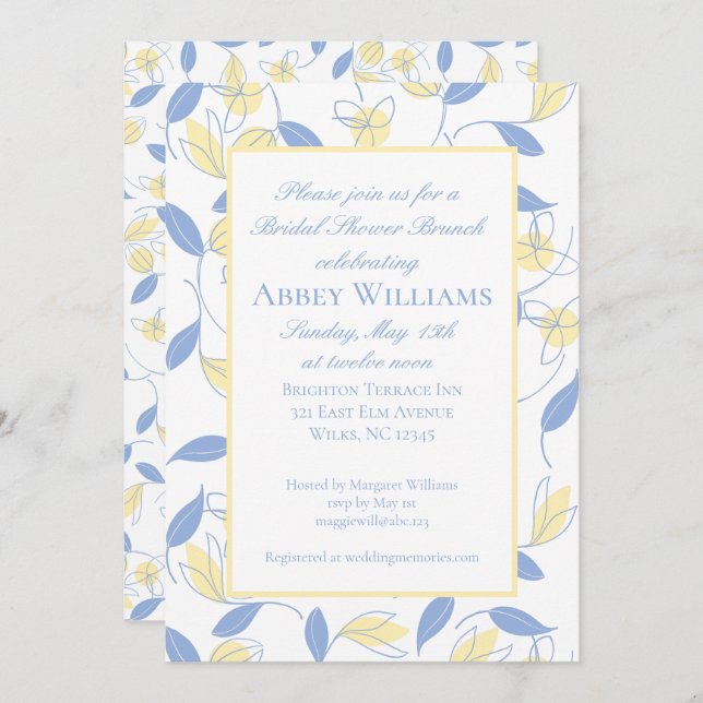 Invitación Flores azules y amarillas ducha de novia (Anverso / Reverso)