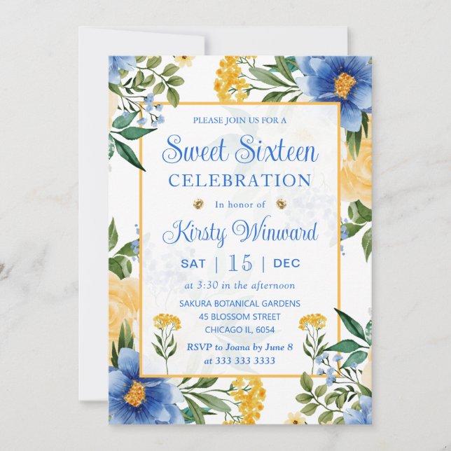 Invitación Flores azules y amarillas dulces dieciséis (Anverso)