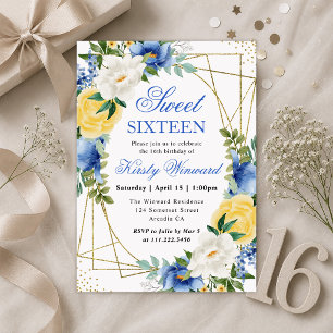 Invitación Flores Azules y Amarillas Marco Dorado Cumple Dulc