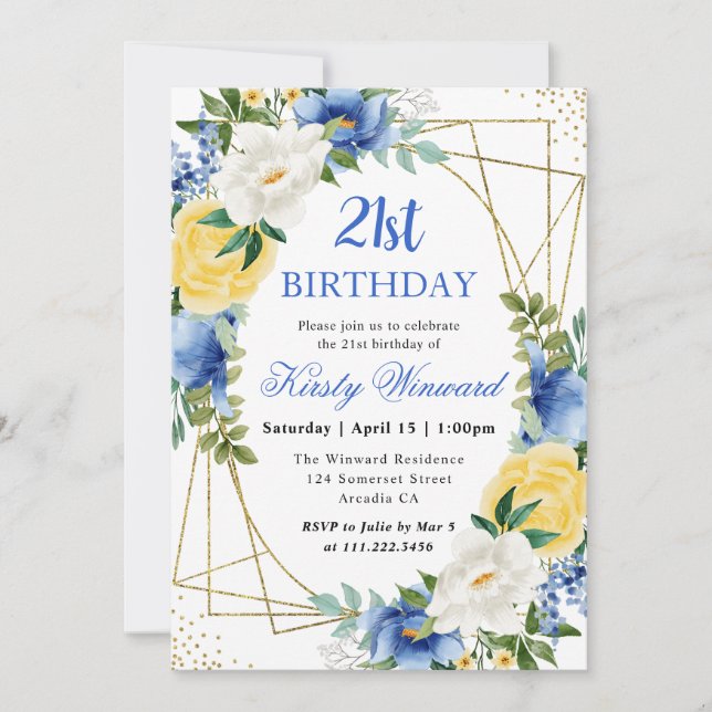 Invitación Flores azules y amarillas marco dorado cumpleaños  (Anverso)