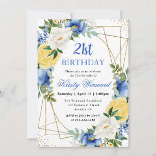 Invitación Flores azules y amarillas marco dorado cumpleaños 