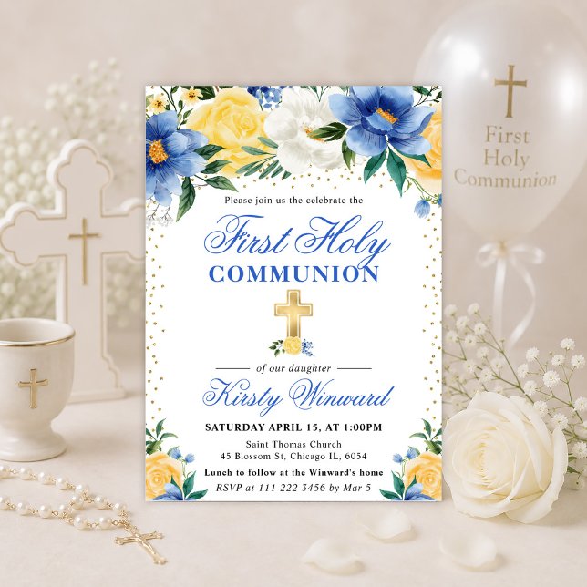 Invitación Flores Azules y Amarillas Primera Comunión (Subido por el creador)