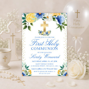 Invitación Flores Azules y Amarillas Primera Comunión