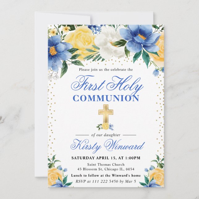 Invitación Flores azules y amarillas primera comunión sagrada (Anverso)