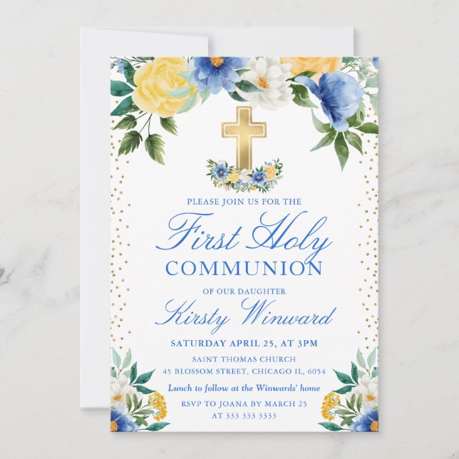 Invitación Flores azules y amarillas primera comunión sagrada (Anverso)