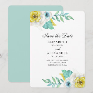 Invitación Flores azules y amarillas. Salva la fecha floral a