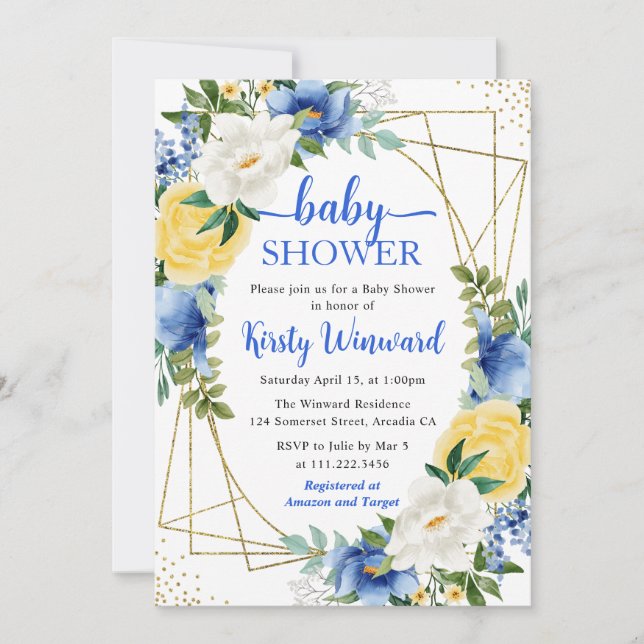 Invitación Flores Azules y Amarillas y Shower de Bebé con Mar (Anverso)