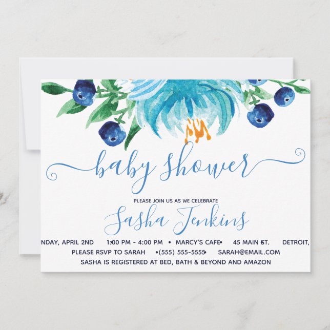 Invitación Flores azules y arándanos Baby Shower (Anverso)
