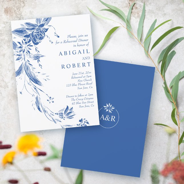 Invitación Flores azules y blancas boda Ensayo Cena (Subido por el creador)