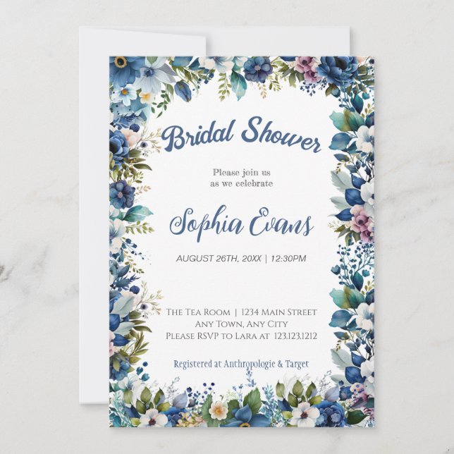 Invitación Flores Azules y Blancas Despedida de Soltera Blanc (Anverso)