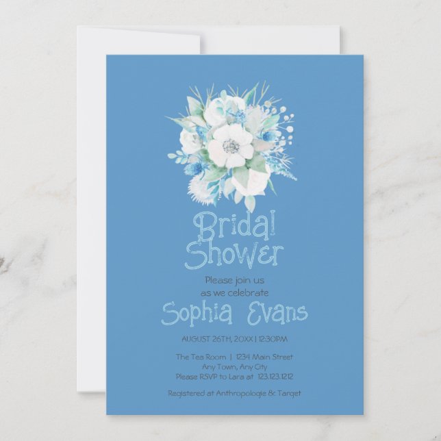 Invitación Flores azules y blancas ducha azul de novia (Anverso)