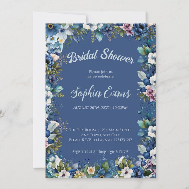 Invitación Flores azules y blancas ducha azul de novia (Anverso)